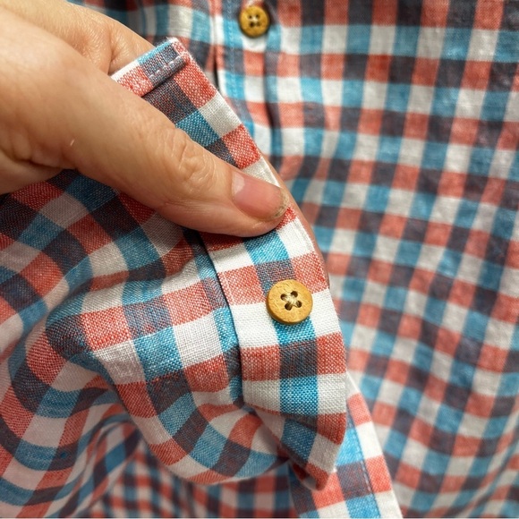 Jos.A.Bank Mens 100% Linen Blue and Pink Check Button Front Shirt Large - Picture 4 of 9